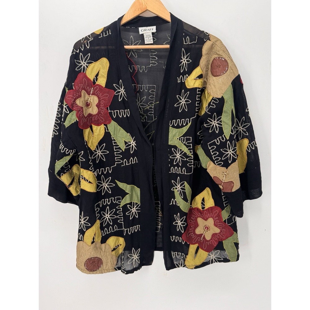 GRAFF Womens M Black Floral Applique Kimono Jacket Boho Art to Wear Sheer Beaded